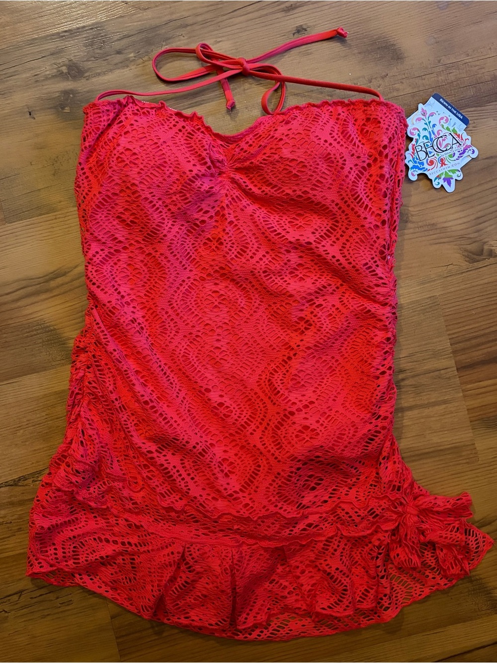 Becca by Rebecca Virtue Red Crochet ONE PIECE Swimsuit Dress NWT Large